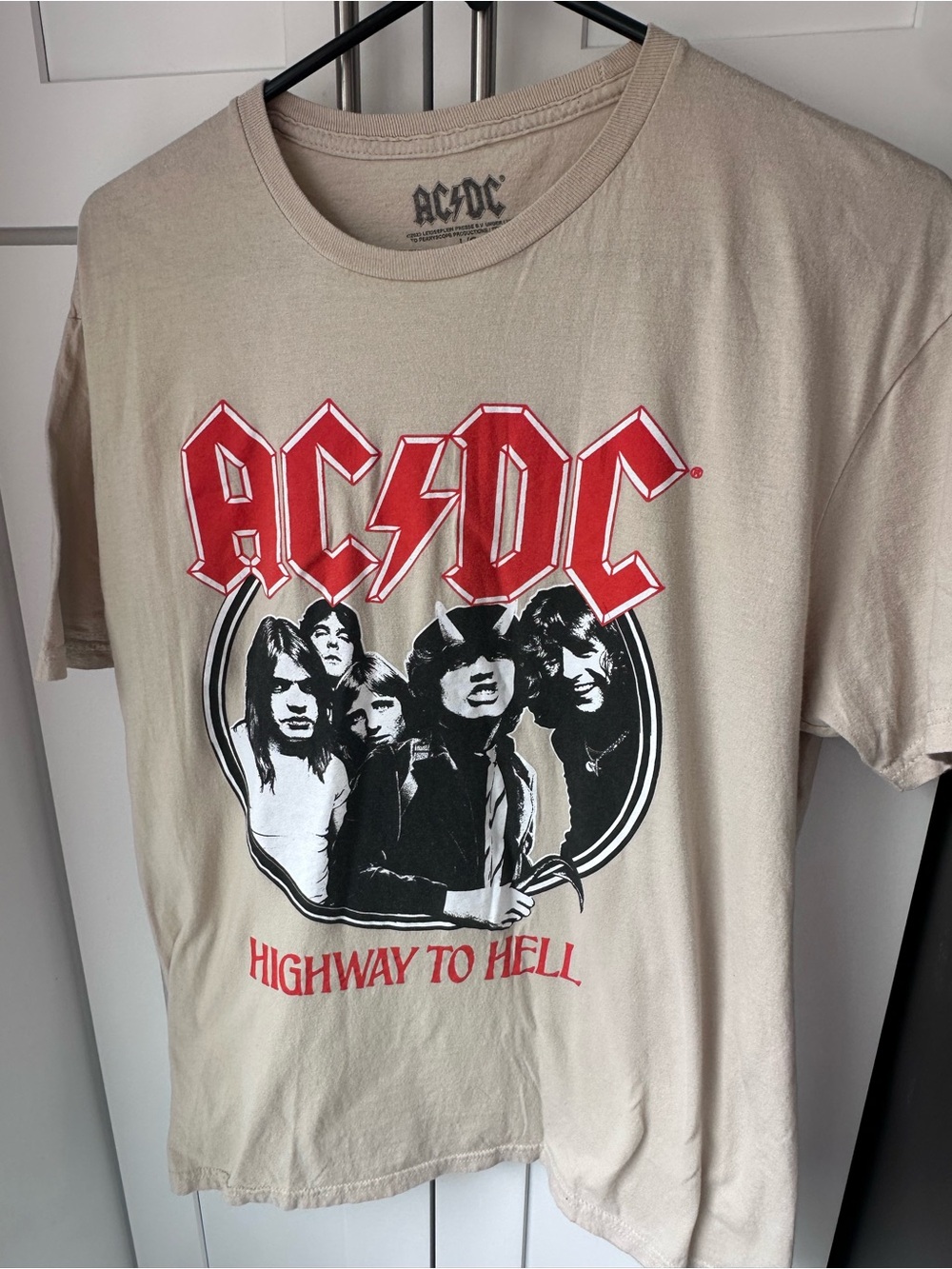 AC/DC "Highway to Hell" Band Tee - Beige with Red & Black Graphic L